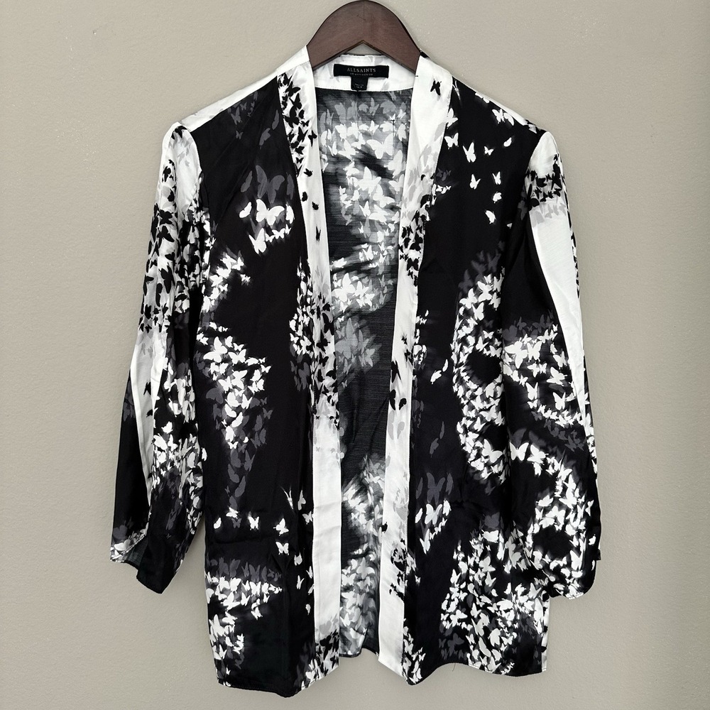 AllSaints Black White Skull Butterfly Print Kimono Cardigan Goth Whimsigoth